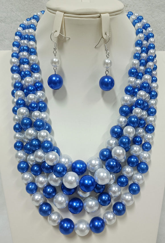 5 STRAND BLUE WHITE COLOR NECKLACE SET ( 3869 BLWT )