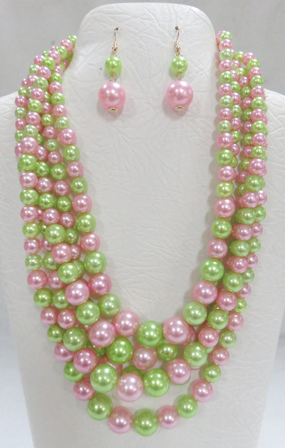 5 STRAND PINK GREEN COLOR NECKLACE SET ( 3869 PKGN )