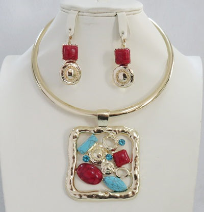 GOLD CHOKER NECKLACE RED TURQUOISE STONES ( 4247 GTQ )