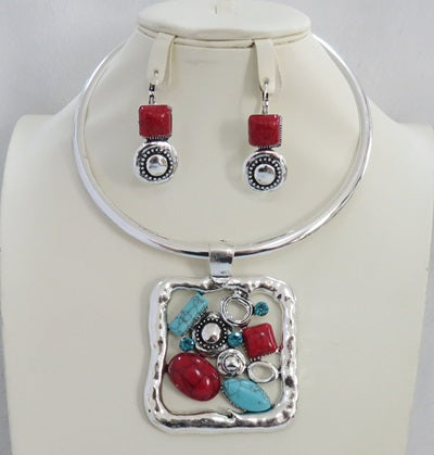 SILVER CHOKER NECKLACE RED TURQUOISE STONES ( 4247 STQ )