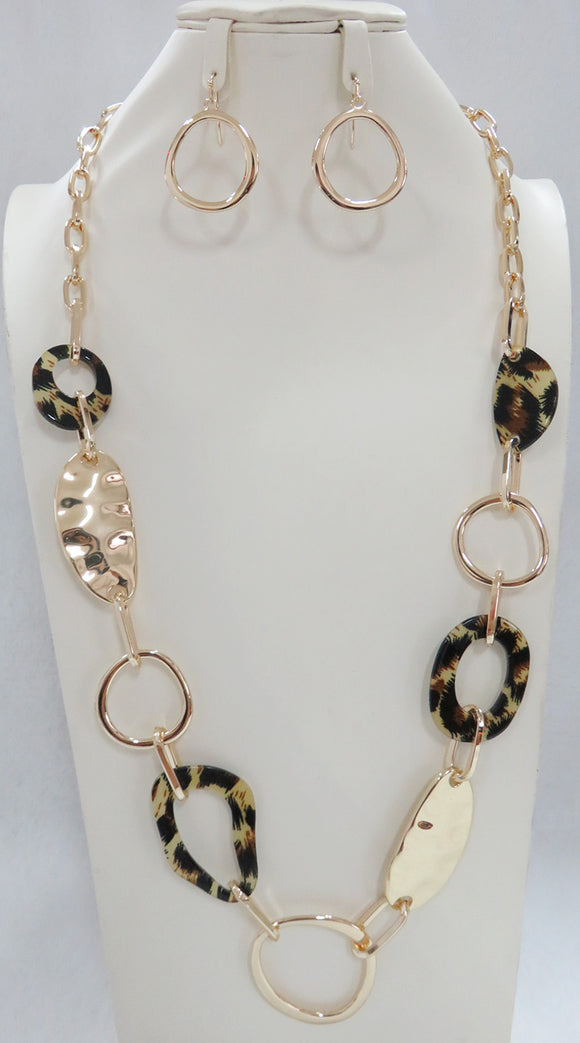 Long Gold Necklace Set Leopard Print Acrylic ( 4850 LEOP )