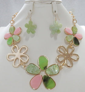 ACRYLIC FLOWER NECKLACE SET PINK GREEN ( 5099 PG )