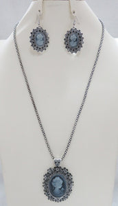 SILVER GREY CAMEO NECKLACE SET ( 5103 GY )