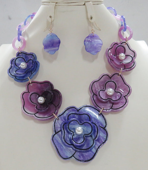 GOLD PURPLE FLOWER NECKLACE SET ( 5131 PP )