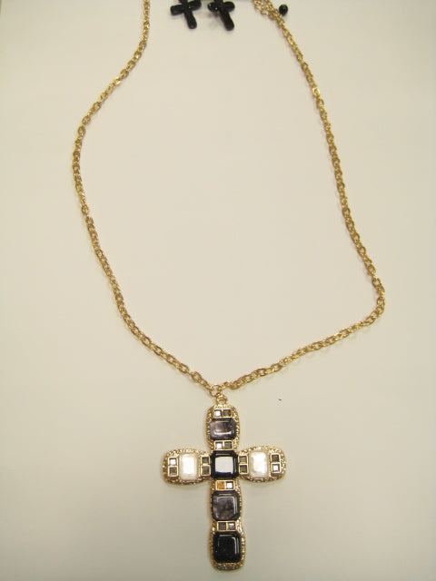 BLACK WHITE CROSS NECKLACE ( 5237 BW )