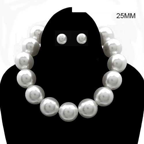 25mm Silver WHITE Ball Necklace Set ( 2591 RDWHT )