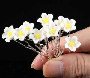 SILVER U SHAPE HAIR PIN WHITE YELLOW FLOWER ( H4-2 )