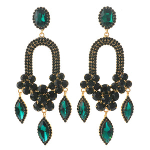 GOLD EMERALD GREEN DANGLING RHINESTONE EARINGS ( 3477 GEME )