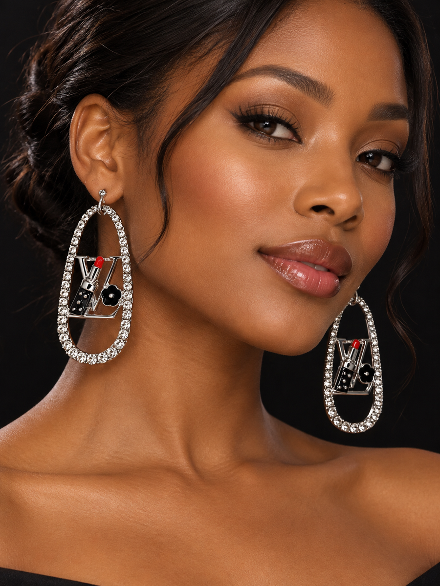 FASHION OVAL HOOP EARRING WITH LOGO AND LIPSTICK (YE3621 RDBLK ...