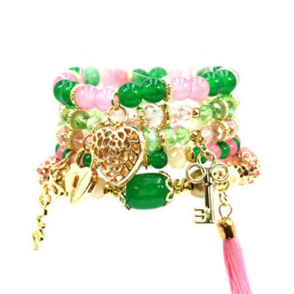 5 STRAND GOLD PINK AND GREEN HEART STRETCH CHARM BRACELETS ( 590 GPG )