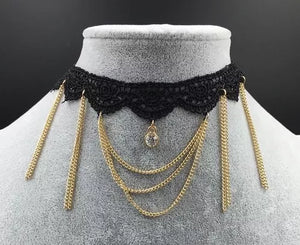 BLACK LACE CHOKER WITH GOLD CHAINS ( 5949 )