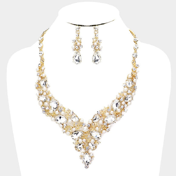 Clear Rhinestone and Cream Pearl with Gold Formal Necklace Set ( 0058- 2CREM)