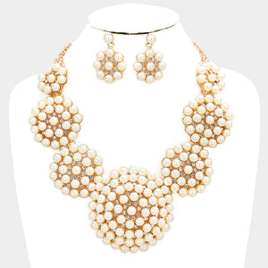 Round Cluster Cream Pearl Necklace on Gold Background with Matching Earrings ( 014152 )