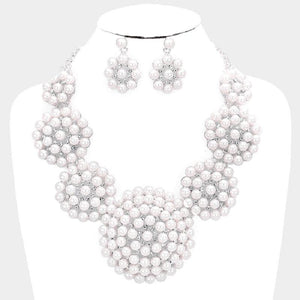 Round Cluster White Pearl Necklace on Silver Background with Matching Earrings ( 014152 WH ) - Ohmyjewelry.com