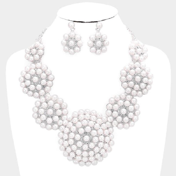 Round Cluster White Pearl Necklace on Silver Background with Matching Earrings ( 014152 WH ) - Ohmyjewelry.com