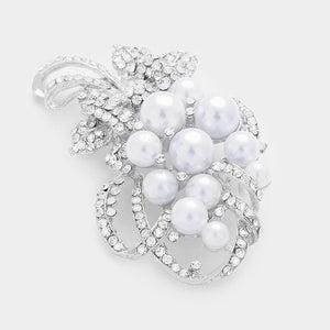 2 3/4" Silver and White Pearl Crystal Brooch Pin ( 06104 WH )