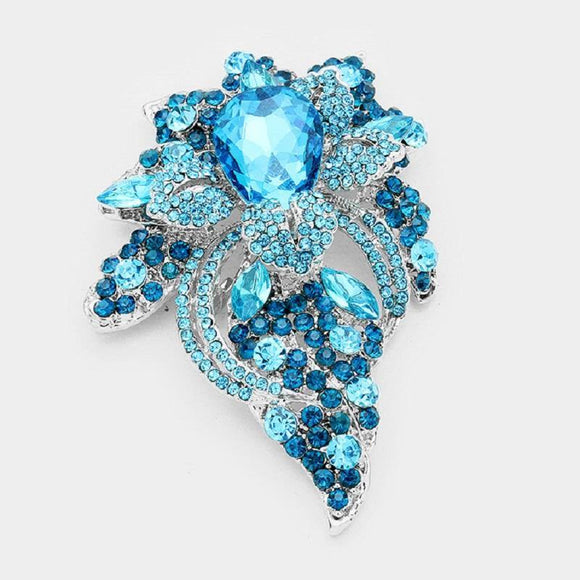 SILVER FLORAL BROOCH WITH AQUA BLUE RHINESTONES ( 06193 AQ ) - Ohmyjewelry.com