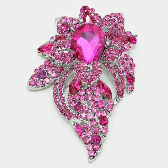 Silver Floral Brooch with Fuchsia Pink Rhinestones ( 06193 SFU ) - Ohmyjewelry.com