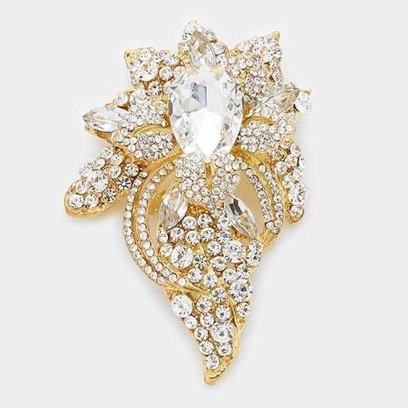 Gold Floral Brooch with Clear Rhinestones ( 06193 GCL ) - Ohmyjewelry.com