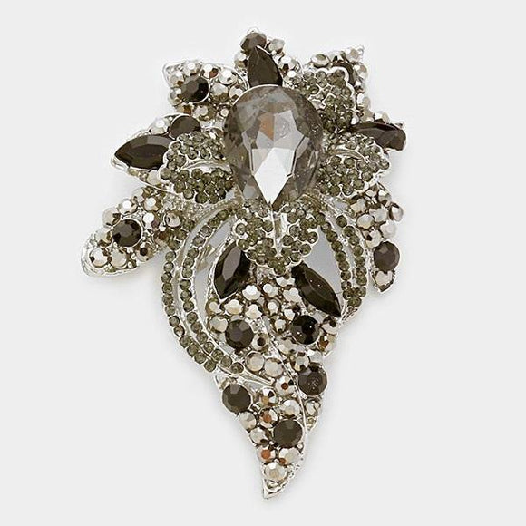 Silver Floral Brooch with Black and Hematite Rhinestones ( 06193 DHJET ) - Ohmyjewelry.com