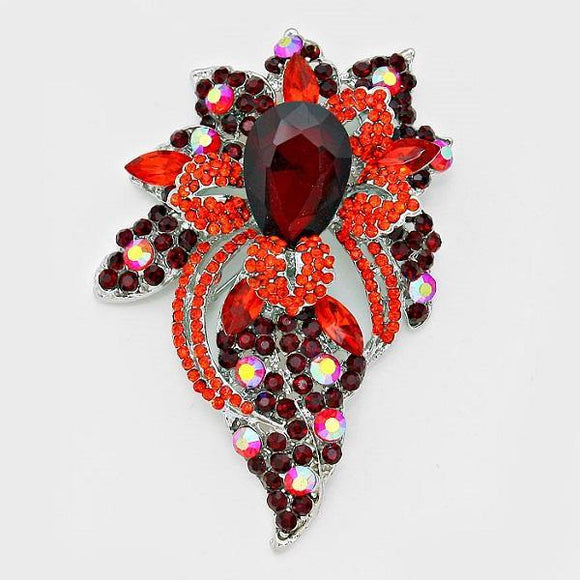 Silver Floral Brooch with Red Rhinestones ( 06193 RED ) - Ohmyjewelry.com