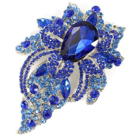 Silver Floral Brooch with Royal Blue Rhinestones ( 06193 BL ) - Ohmyjewelry.com