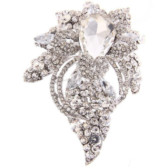 Silver Floral Brooch with Clear Rhinestones ( 06193 SCL ) - Ohmyjewelry.com