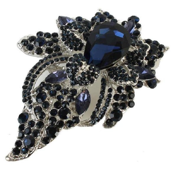 Silver Floral Brooch with Navy Blue Rhinestones ( 06193 MON ) - Ohmyjewelry.com