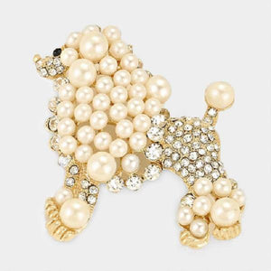 Gold Clear Rhinestone and Cream Pearl Poodle Dog Brooch ( 06301 ) - Ohmyjewelry.com