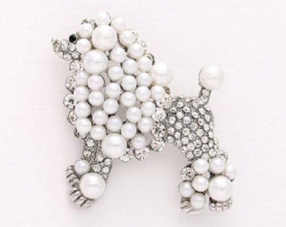 Silver Clear Rhinestone and White Pearl Poodle Dog Brooch ( 06301 ) - Ohmyjewelry.com