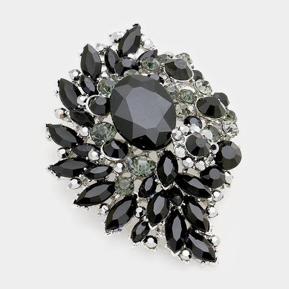 Black Oval, Round, and Marquise Rhinestone Brooch with Silver Background ( 06399 )