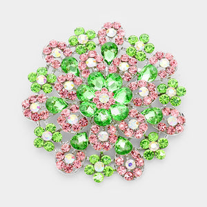 3.5" Large Silver PINK AND GREEN Flower Rhinestone Brooch Pin(PKGR)