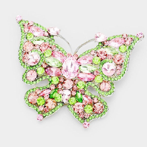 Silver Pink and Green Rhinestone Butterfly Brooch ( 06536 ) - Ohmyjewelry.com