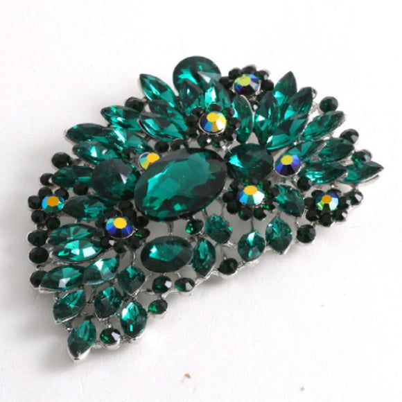 Emerald Green Rhinestone Large Brooch Pin in Silver Setting ( 06647 )