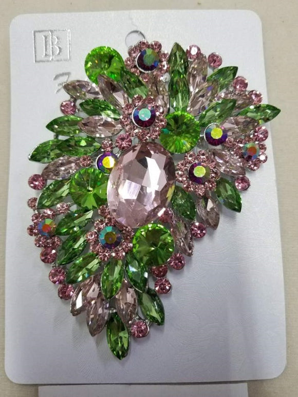 Silver Pink and Green Rhinestone Large Brooch Pin ( 06647 )