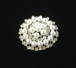 2.5" Round White Pearl and Clear Rhinestone Silver Setting Brooch Pin ( 0667 SWH  )