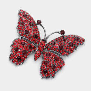 2" HEMATITE WITH RED RHINESTONE BUTTERFLY BROOCH((RED)