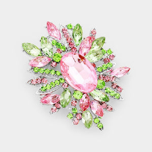 3" Silver Pink and Green Rhinestone Oval Brooch ( 0695 )