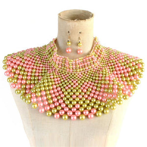 Pink and Green Statement Pearl Collar Necklace with Earrings ( 10550 )