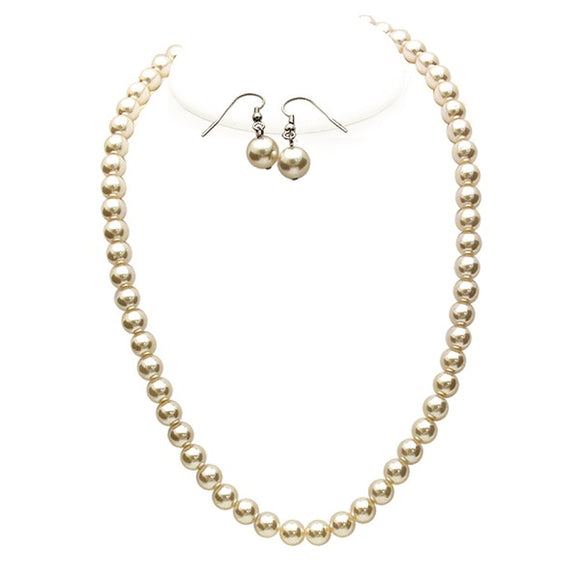 8mm Beige Pearl Beaded Necklace with Dangle Earrings ( 10912 BE )