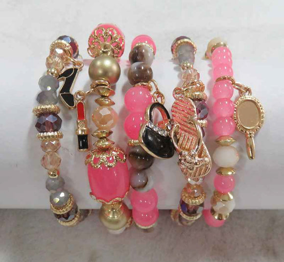 GOLD PINK STRETCH BRACELETS BEAUTY CHARMS ( 5902 GPK )