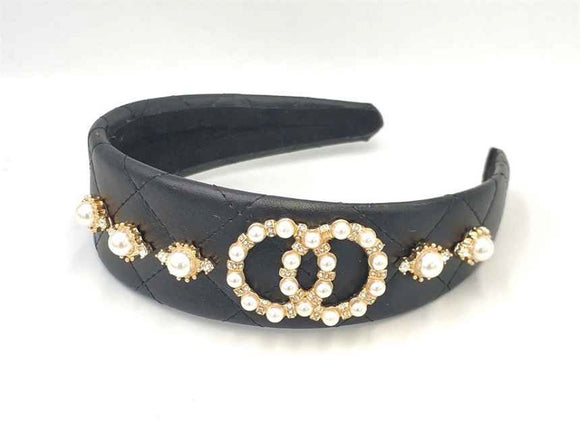 BLACK LEATHER GOLD HAIRBAND CREAM PEARLS CLEAR STONES ( 1172 GDBKCR )