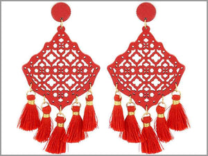 DANGLING RED WOODEN EARRINGS RED TASSELS ( 4249 RD )