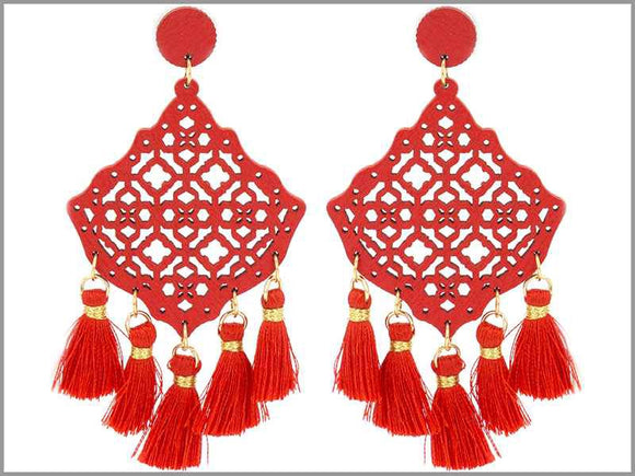 DANGLING RED WOODEN EARRINGS RED TASSELS ( 4249 RD )