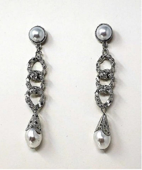 SILVER DANGLING EARRINGS WHITE PEARLS ( 10003 ) - Ohmyjewelry.com