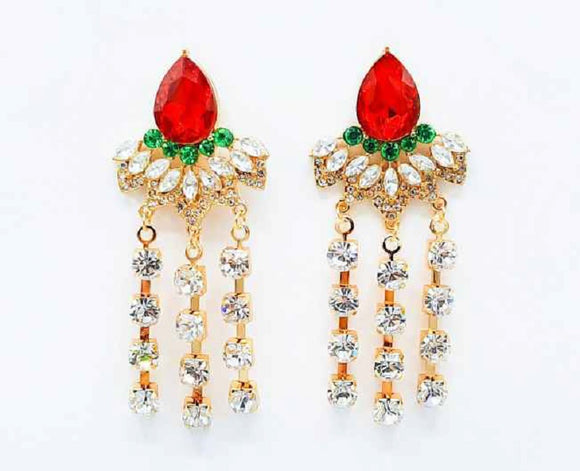 DANGLING GOLD EARRINGS RED GREEN CLEAR STONES CHRISTMAS CANDLE