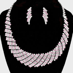 Silver Pink and Clear Crystal U Dip Necklace Set ( 11211 SPK )