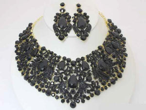 GOLD NECKLACE SET BLACK STONES ( 19578 GBK )