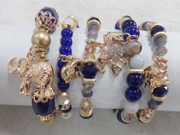 GOLD BLUE STRETCH BRACELETS ELEPHANTS(5901BL)