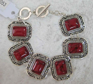 SILVER SQUARE BRACELET RED STONES